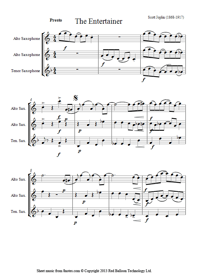 Scott Joplin The Entertainer sheet music for 2AltosTenorSax