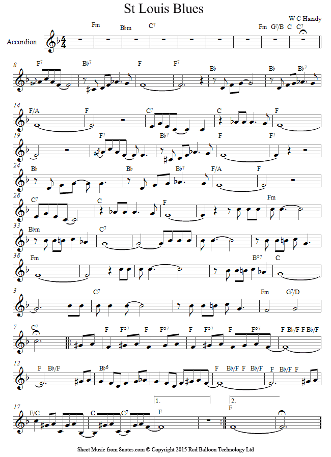 W C Handy - St Louis Blues sheet music for Accordion - www.bagsaleusa.com