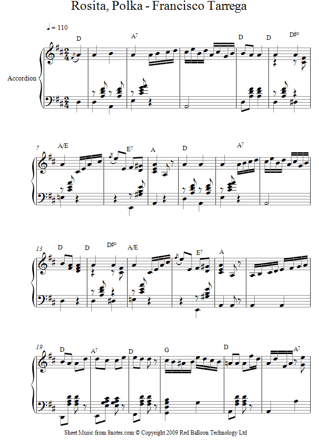 ﻿Tárrega - Rosita Polka sheet music for Accordion - 8notes.com