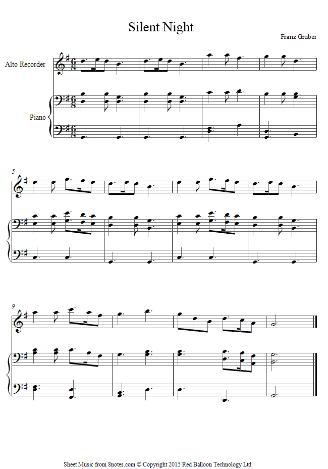 Silent Night sheet music for Alto Recorder - 8notes.com