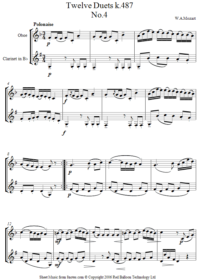 Mozart Twelve Duets k.487 no.4 sheet music for Duet