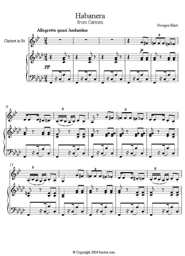 Bizet - Habanera From Carmen Sheet Music For Clarinet - 8notes.com