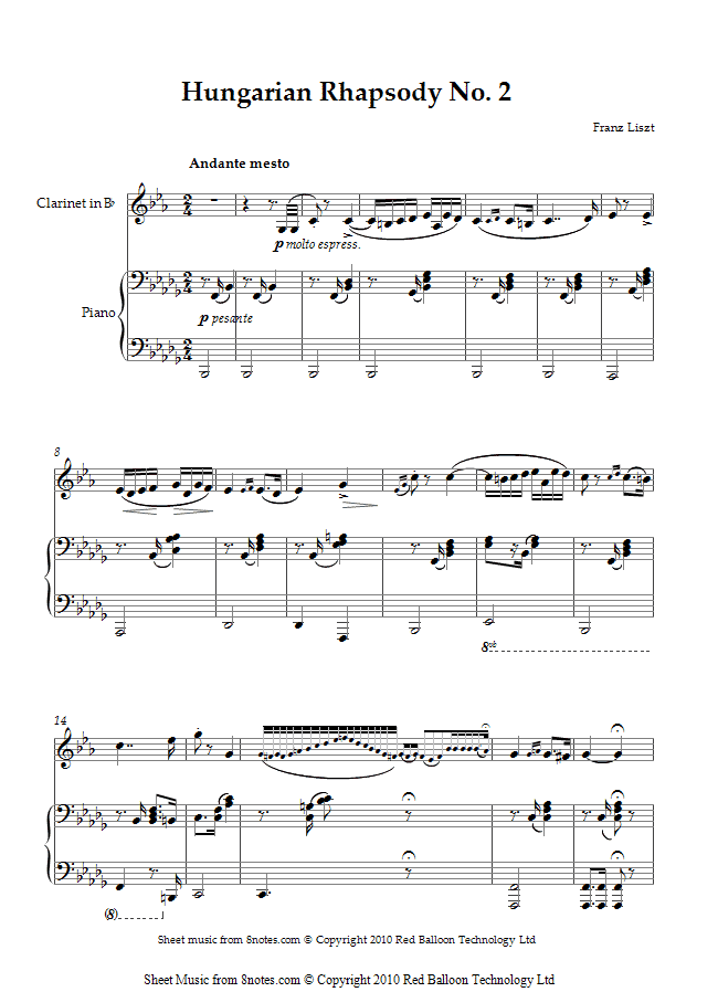 Liszt Hungarian Rhapsody No 2 Sheet Music For Clarinet 0956