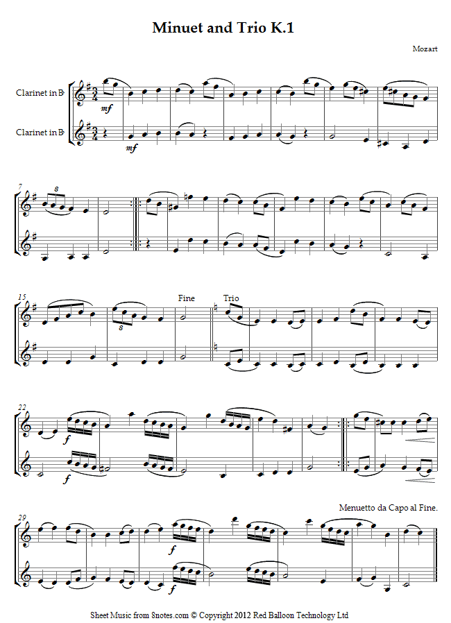 Mozart Minuet and Trio K.1 sheet music for Duet