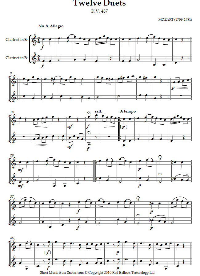 Mozart Twelve Duets K.V. 487 no.8 sheet music for Duet