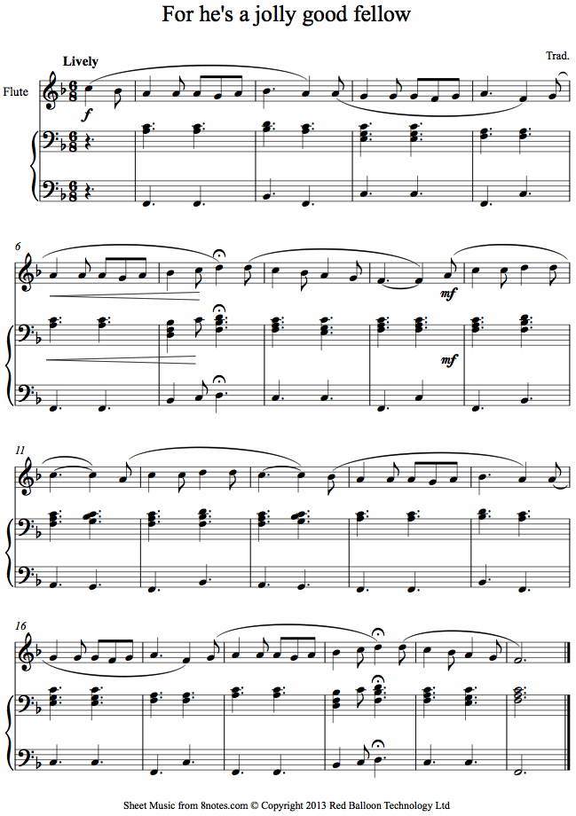 For He's A Jolly Good Fellow Sheet Music For Flute - 8notes.com