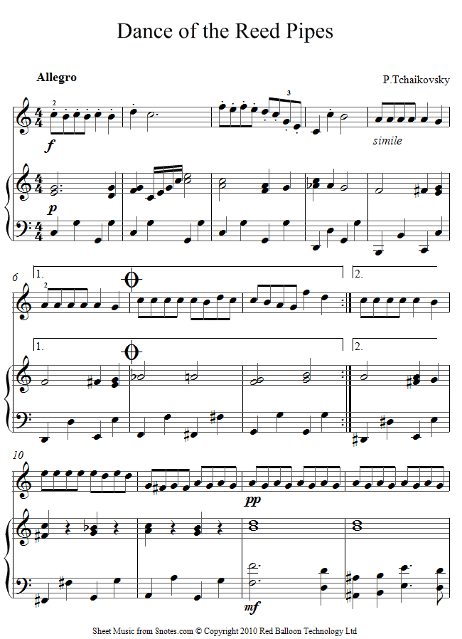 Tchaikovsky Dance of the reed pipes from the Nutcracker sheet music