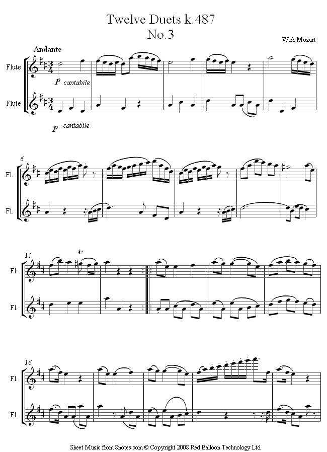 Mozart Twelve Duets K487 No3 Sheet Music For Flute Duet 