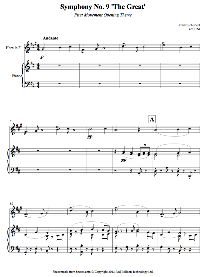 Schubert Symphony No 9 The Great First Movement Opening Theme Sheet