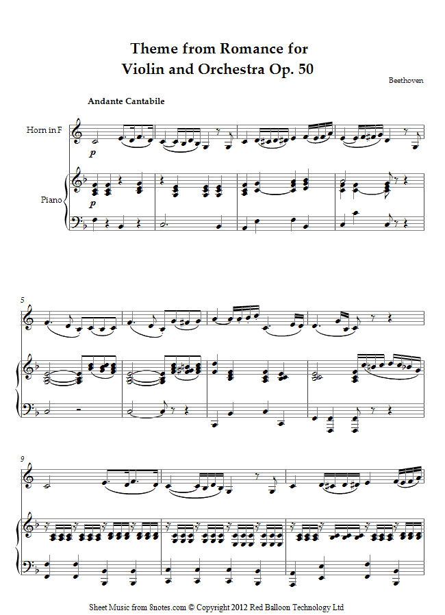 Beethoven Theme from Romance for Violin and Orchestra Op. 50 sheet