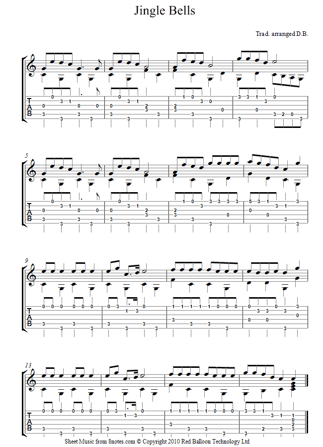 Jingle Bells (Tab Notation) sheet music for Guitar - 8notes.com