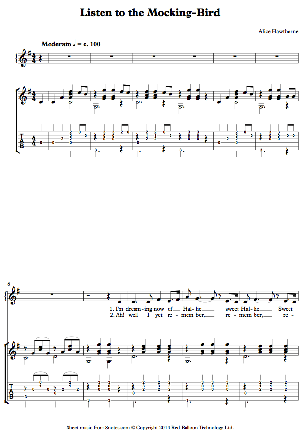 Listen To The Mocking Bird Sheet Music For Guitar 