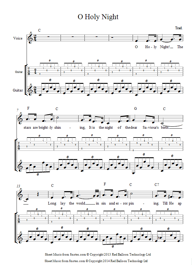 O Holy Night sheet music for Guitar and Vocal - 8notes.com