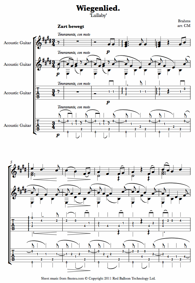 Brahms - Lullaby (Wiegenlied) Sheet Music For Guitar Duet - 8notes.com