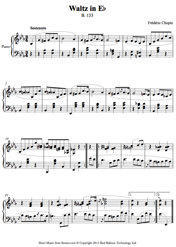 ﻿Chopin - Waltz in Eb B. 133 sheet music for Piano - 8notes.com