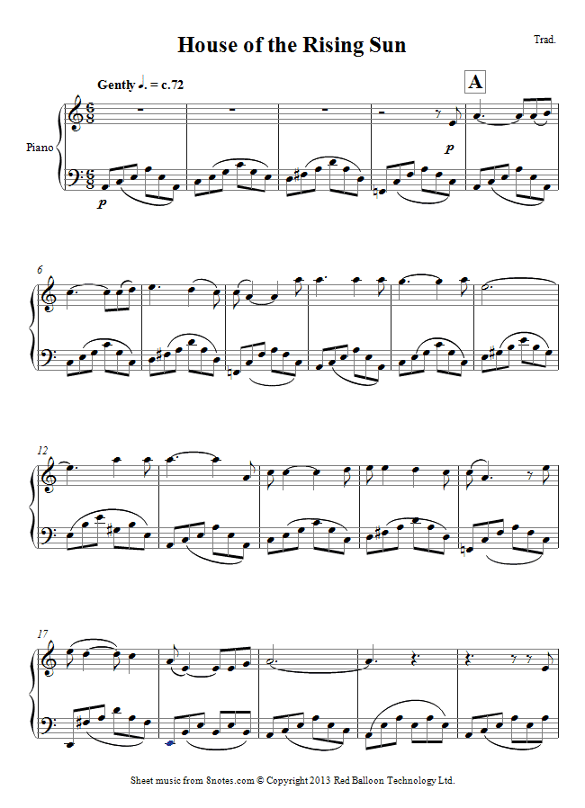 House Of The Rising Sun Sheet Music For Piano 8notes