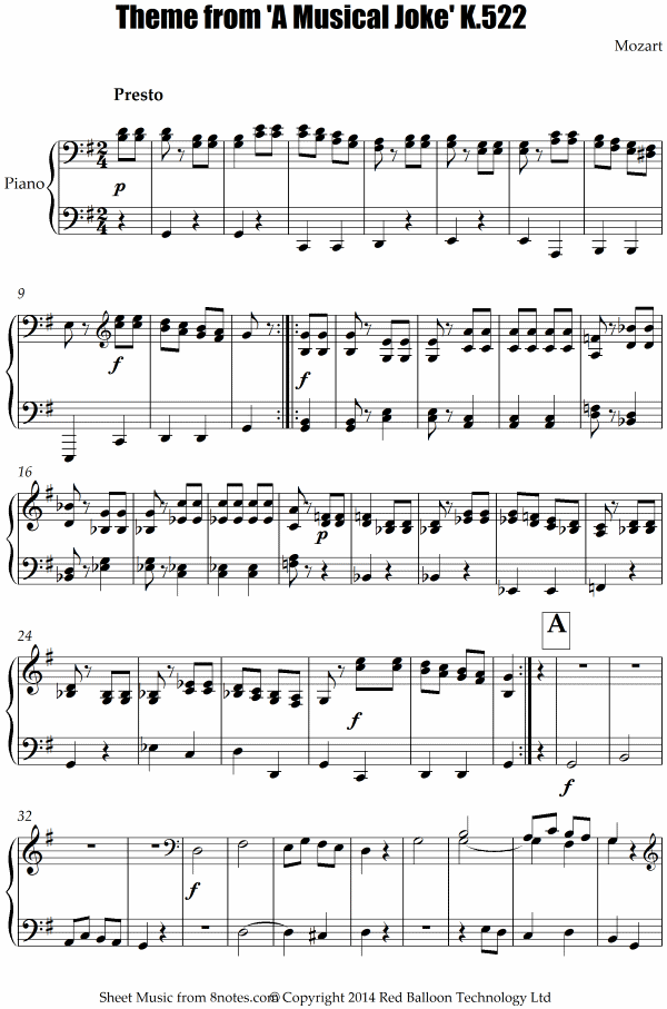 Mozart Theme From A Musical Joke K522 Sheet Music For Piano 