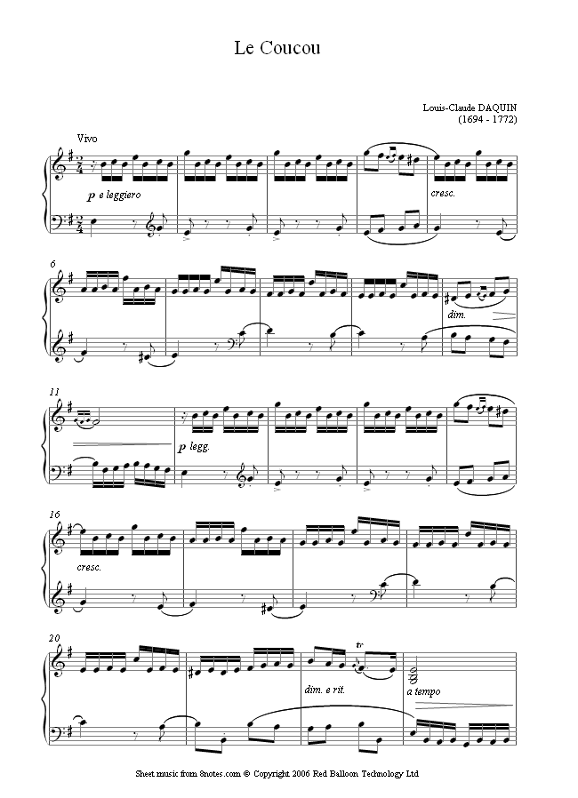 Daquin Le CouCou (The Cuckoo) sheet music for Piano