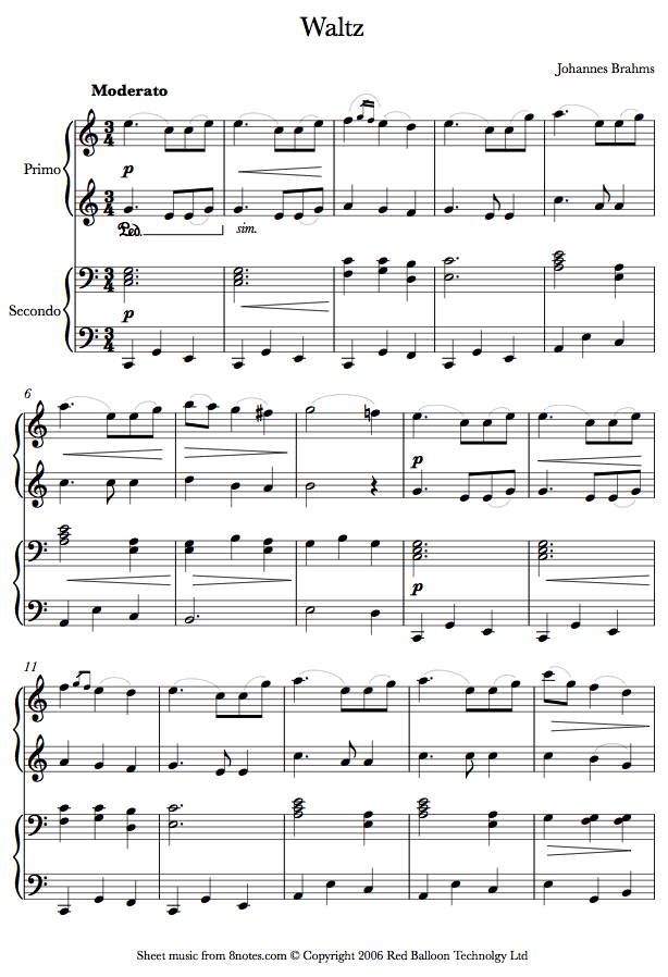 Brahms - Waltz Sheet Music For Piano Duet - 8notes.com