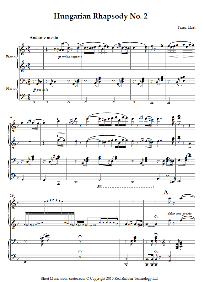 Liszt Hungarian Rhapsody No 2 Sheet Music For Piano Duet 0872