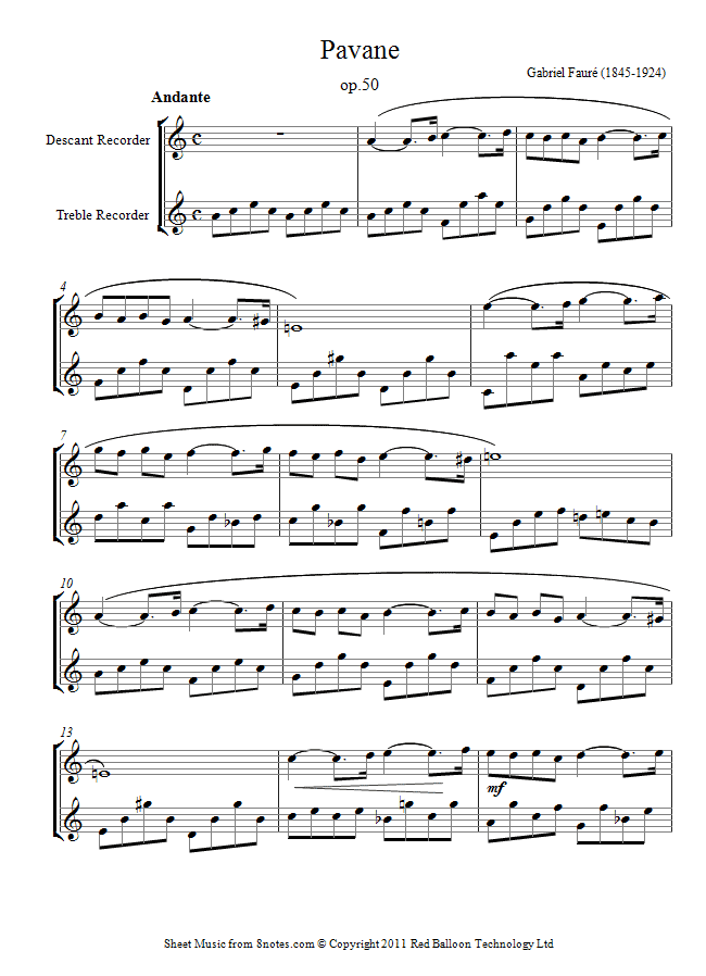 ﻿Fauré Pavanne sheet music for Recorder Duet