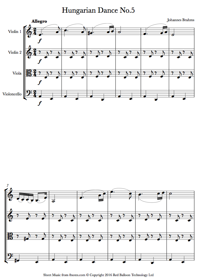 Brahms - Hungarian Dance No.5 Sheet Music For String Quartet - 8notes.com