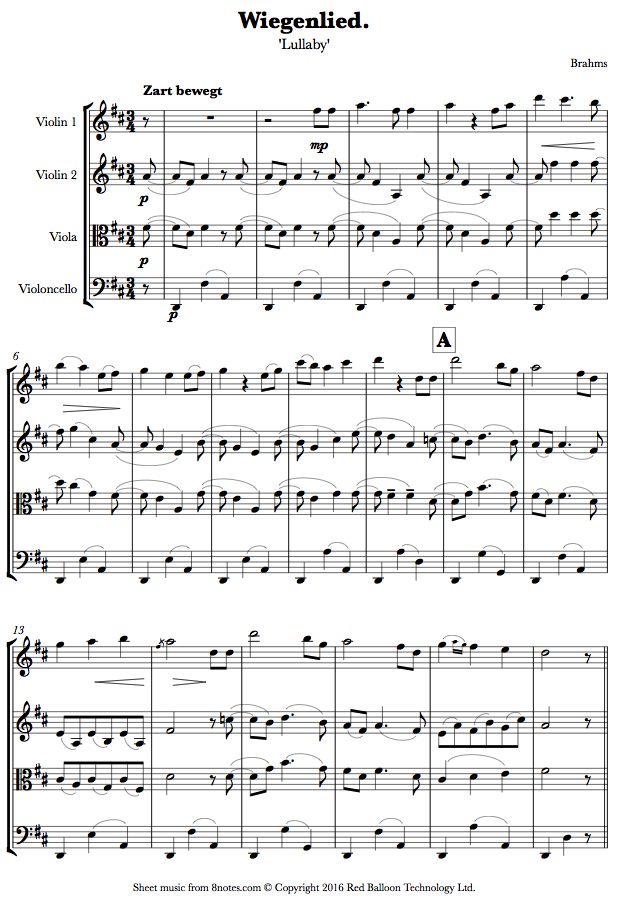 Brahms - Lullaby (Wiegenlied) Sheet Music For String Quartet - 8notes.com