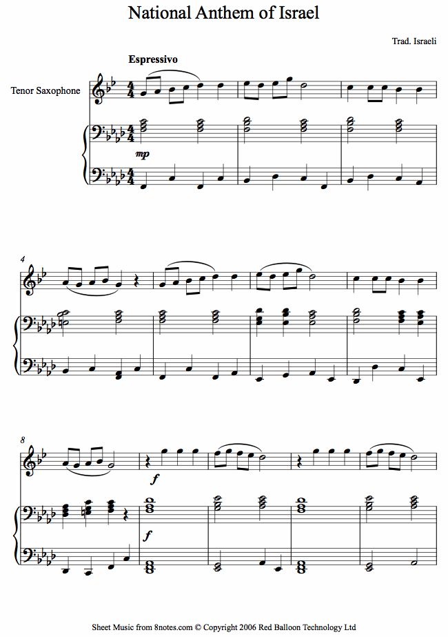 Israeli National Anthem (Hatikvah) sheet music for Tenor Saxophone