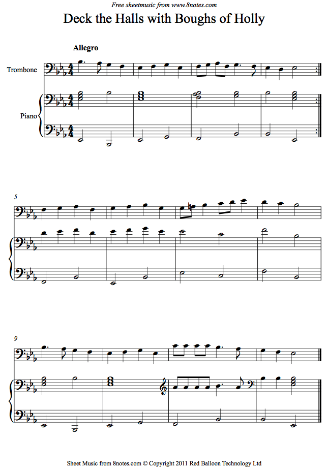 Deck The Halls With Boughs Of Holly Sheet Music For Trombone - 8notes.com