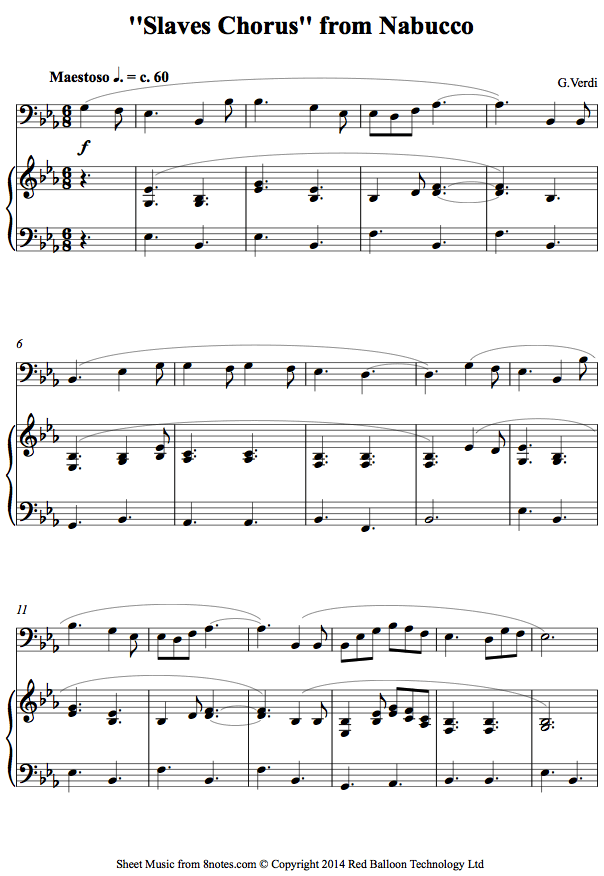 Verdi - Slaves Chorus From Nabucco Sheet Music For Trombone - 8notes.com