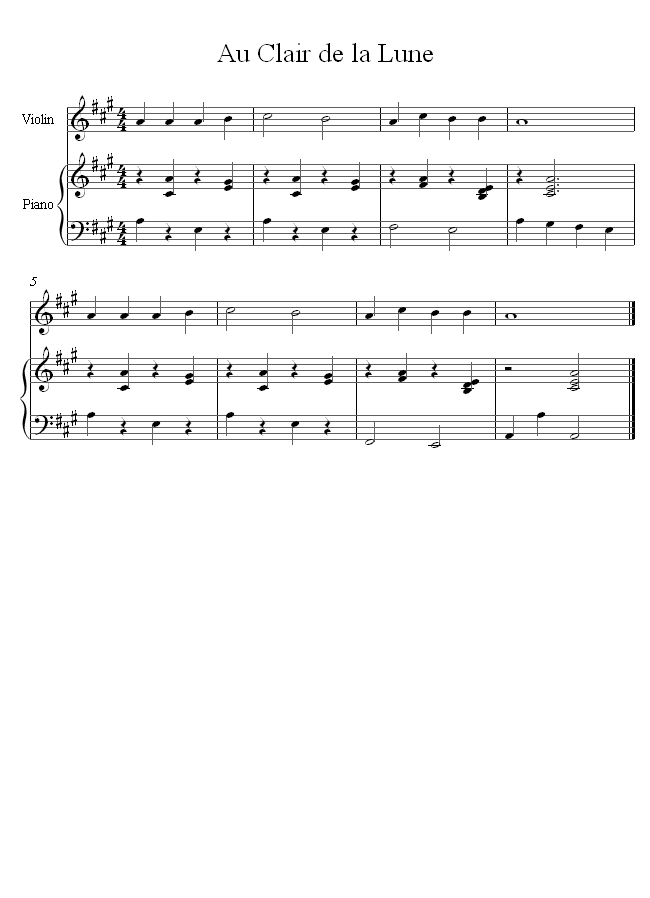 Au Clair De La Lune Sheet Music For Violin 8notes