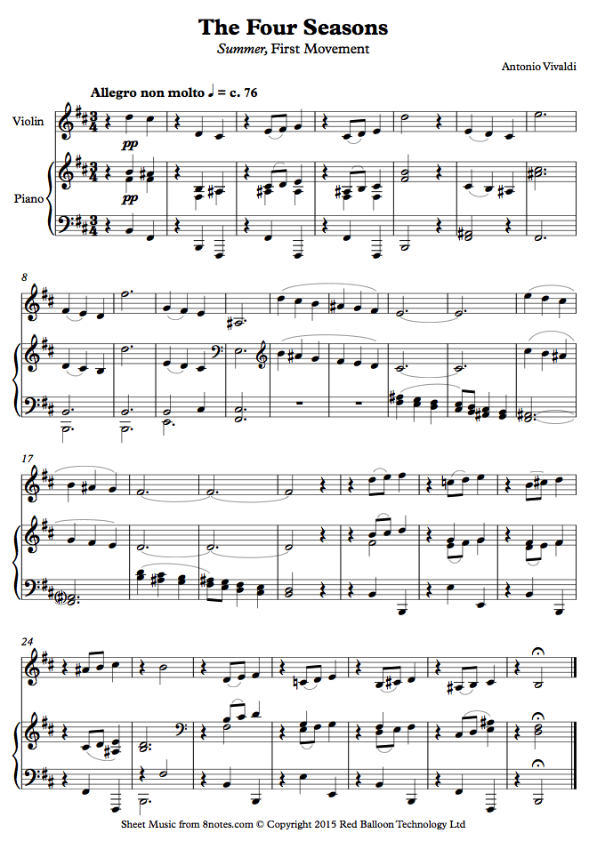 Vivaldi - The Four Seasons Summer, First Movement Theme sheet music for