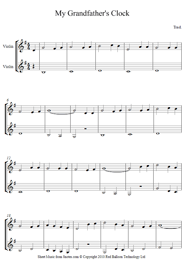Henry C. Work My Grandfathers Clock sheet music for Violin Duet