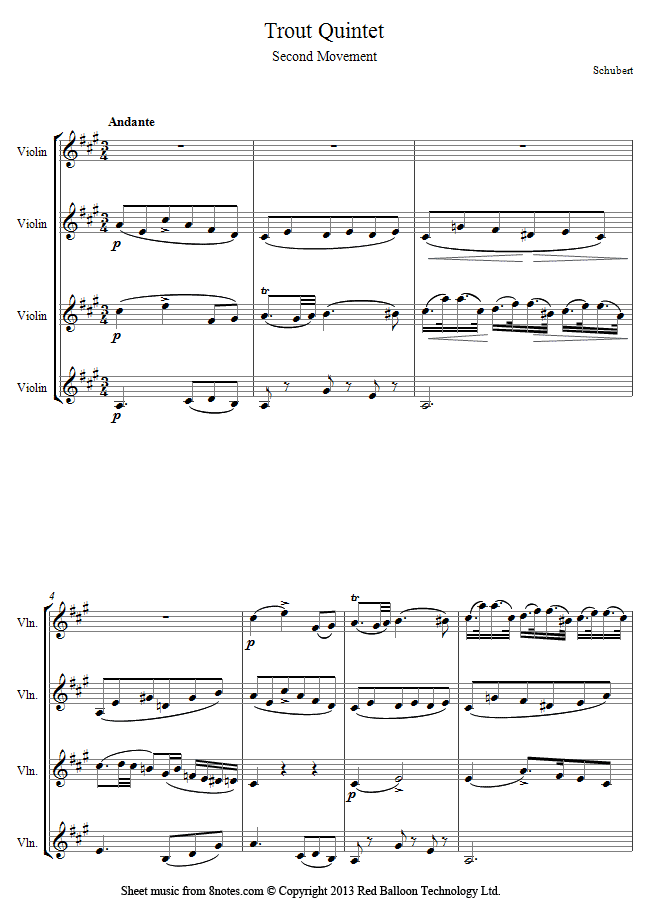 Schubert Theme from The Trout Quintet sheet music for Violin Quartet