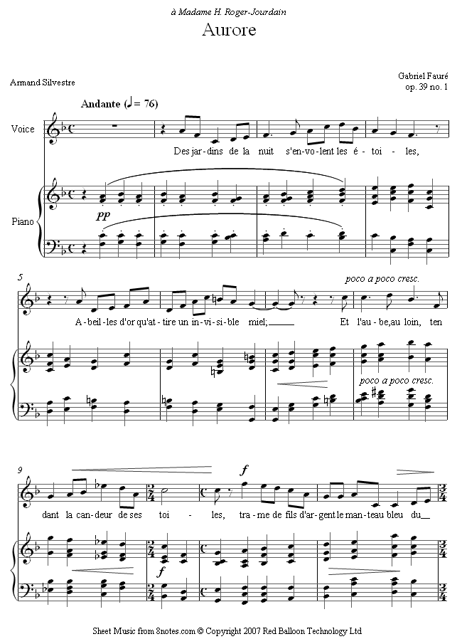 ﻿fauré - Aurore Op.39 No.1 Sheet Music For Voice - 8notes.com