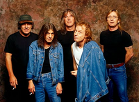 From left to right: Singer Brian Johnson, Rhythm Guitarist Malcolm Young, Bass Guitarist Cliff Williams, Lead Guitarist Angus Young, Drummer Phil Rudd.