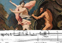 A scene depicting Pan and Syrinx, together with the opening bars of Debussy's manuscript