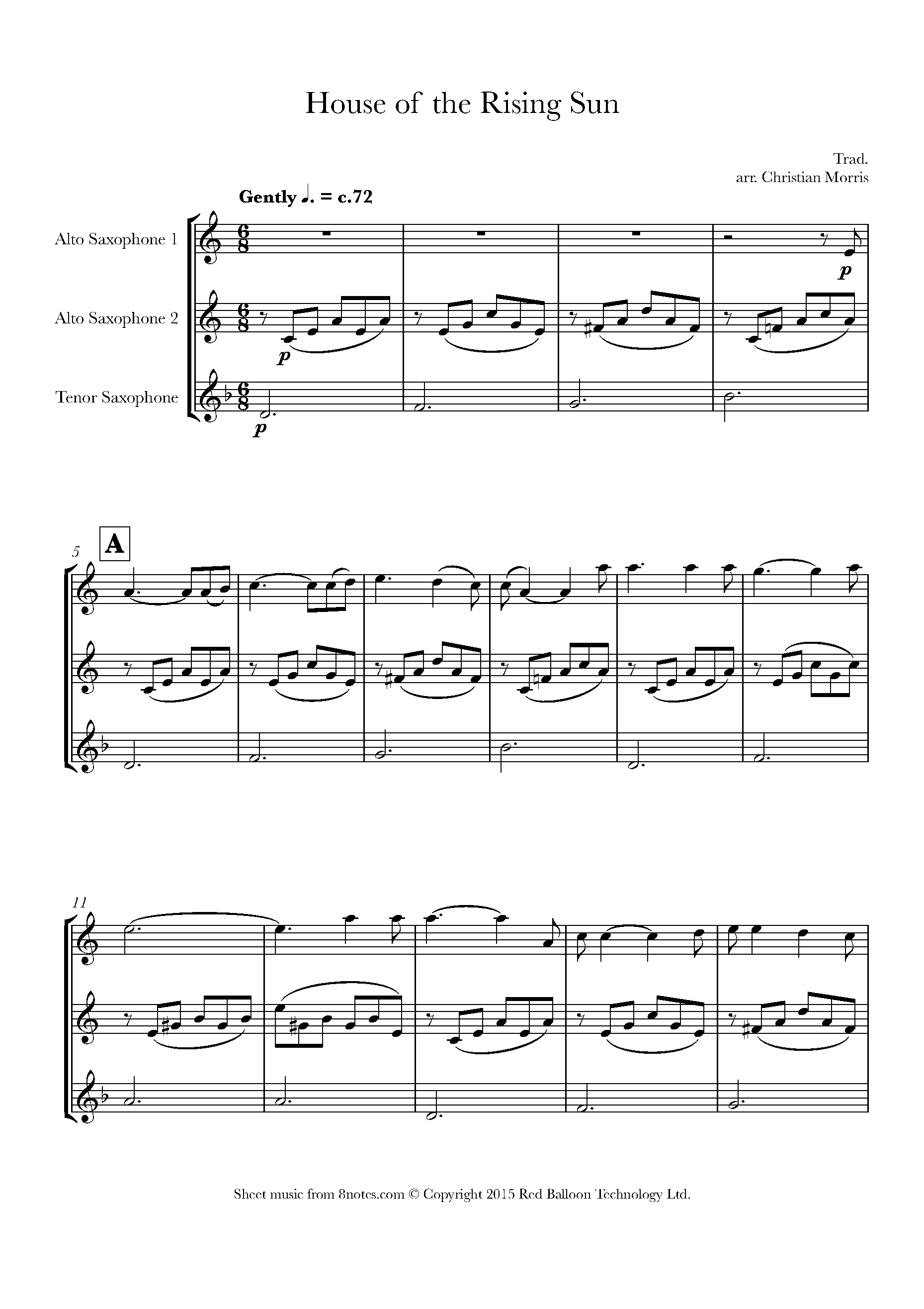 House Of The Rising Sun Sheet Music For 2 Altos Tenor Sax 0324