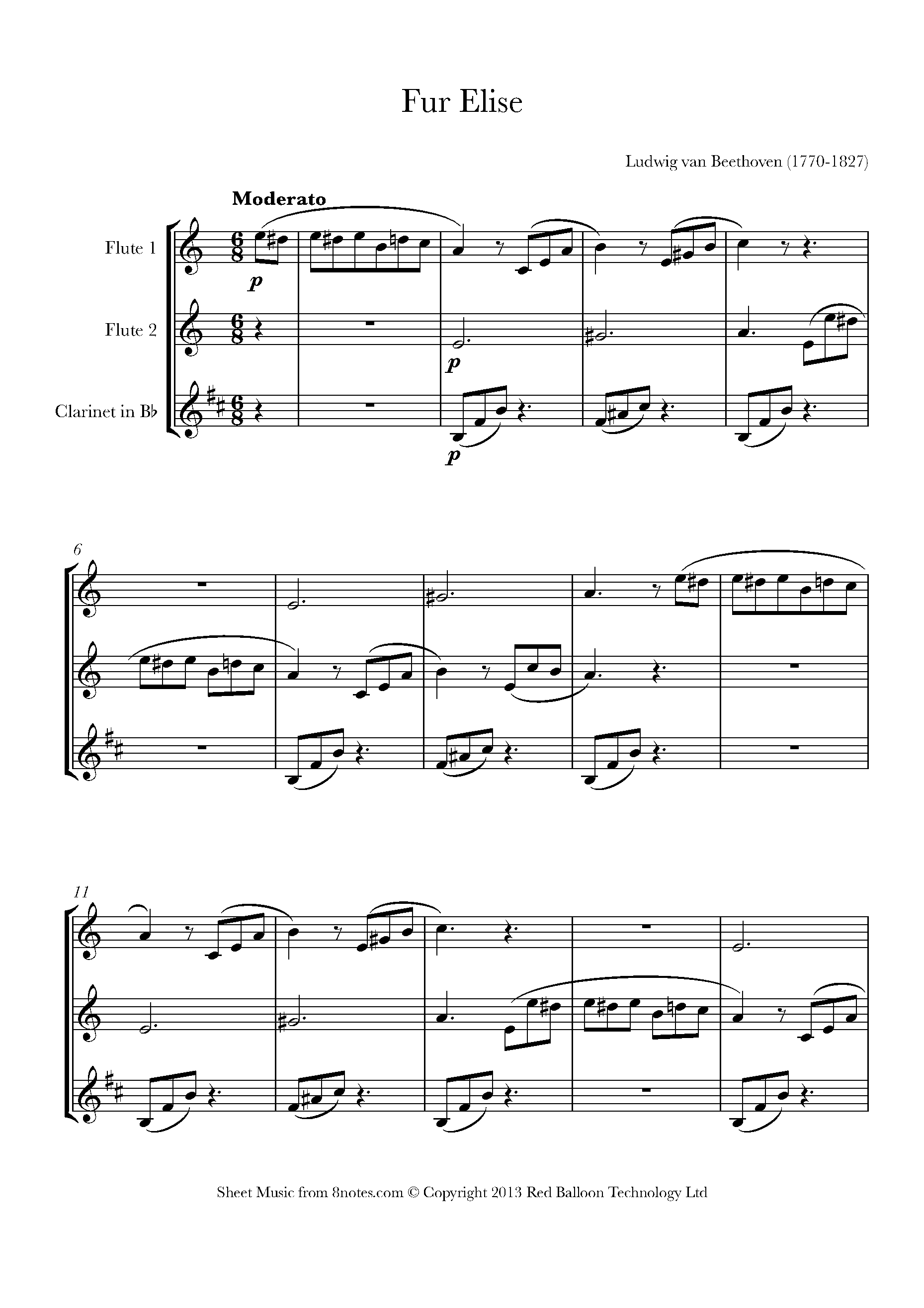 Beethoven - Fur Elise Sheet music for 2-Flutes-Clarinet - 8notes.com