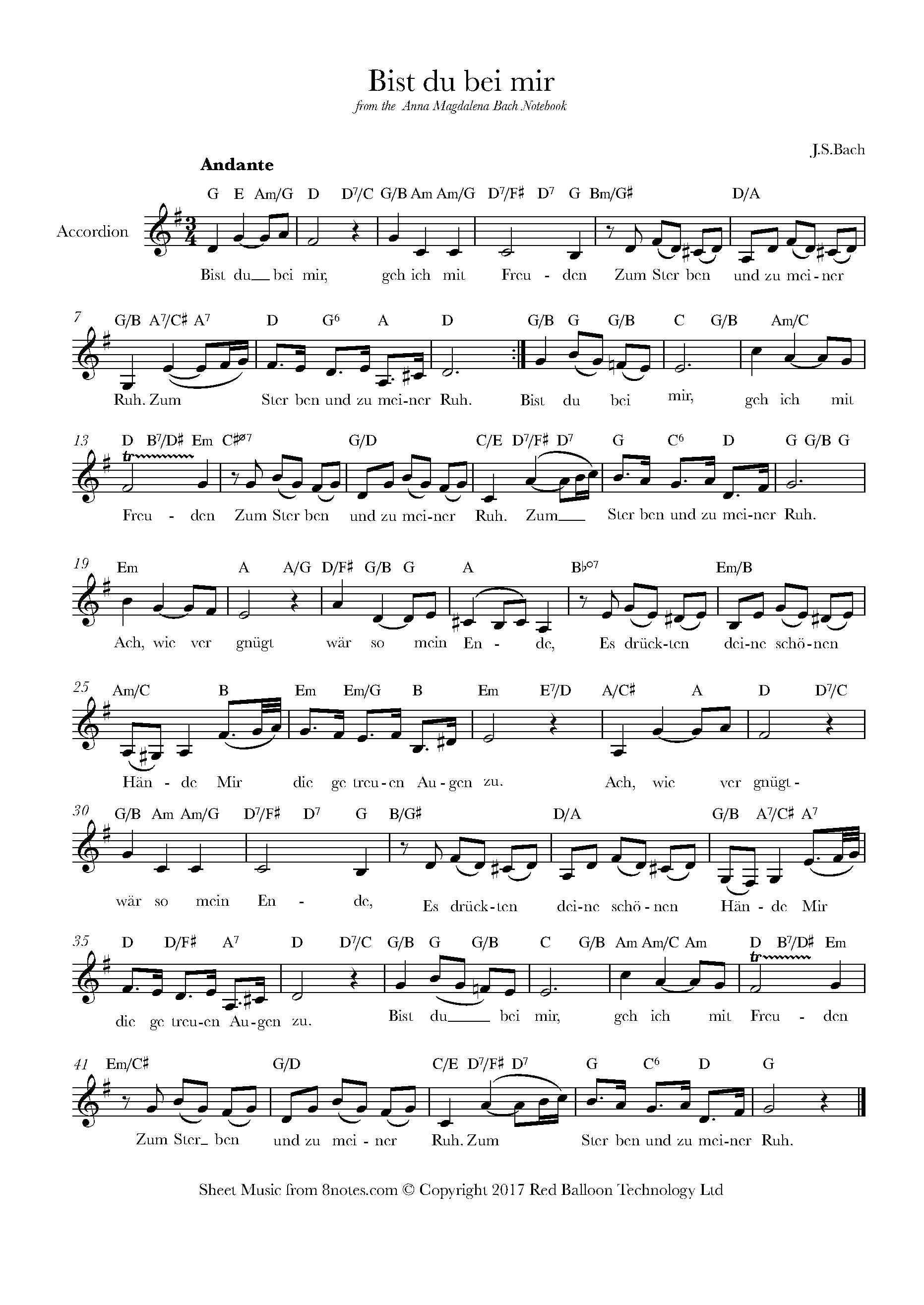 Bach - Bist Du Bei Mir Sheet Music For Accordion - 8notes.com