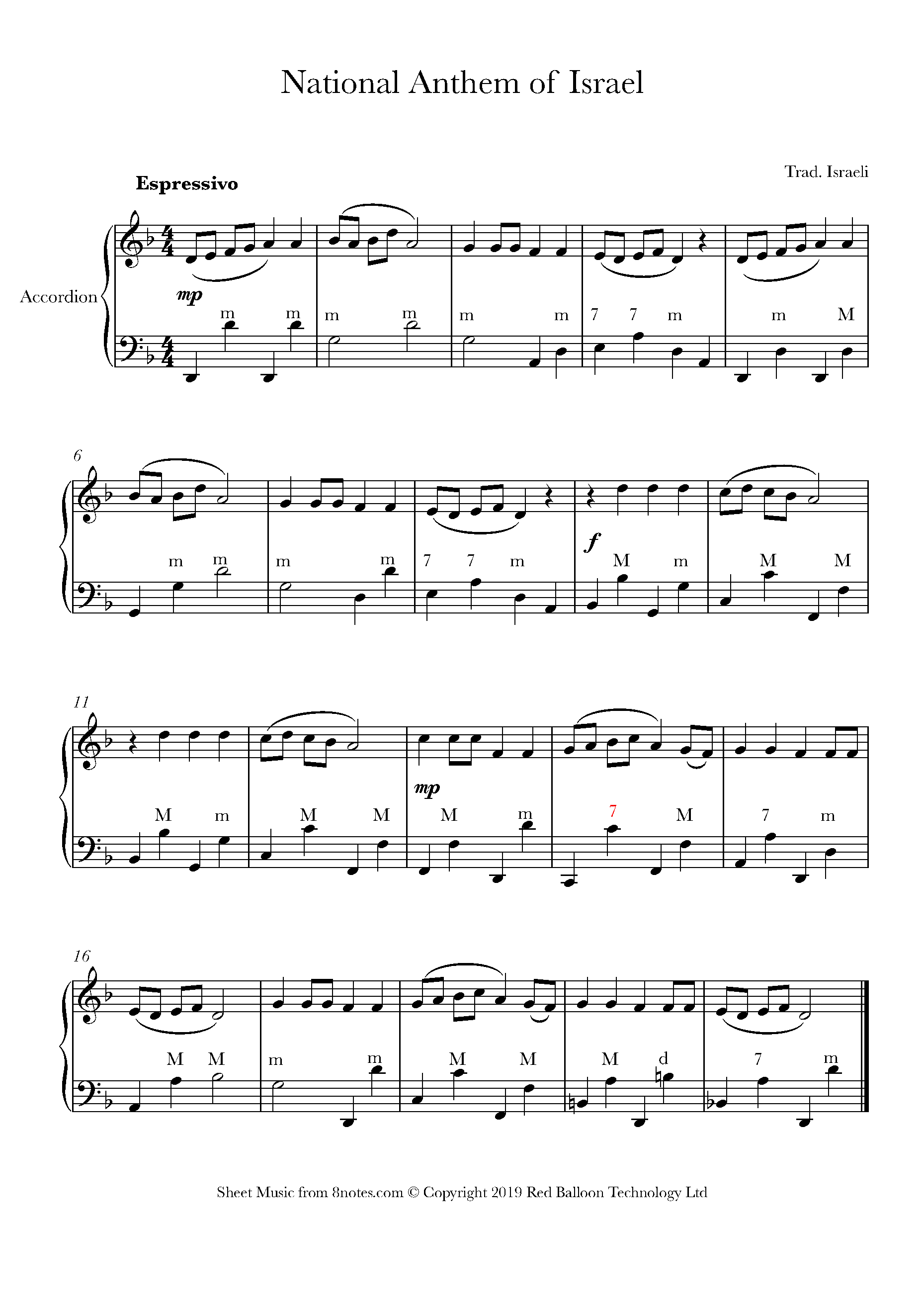 Israeli National Anthem Hatikvah Sheet Music For Accordion 