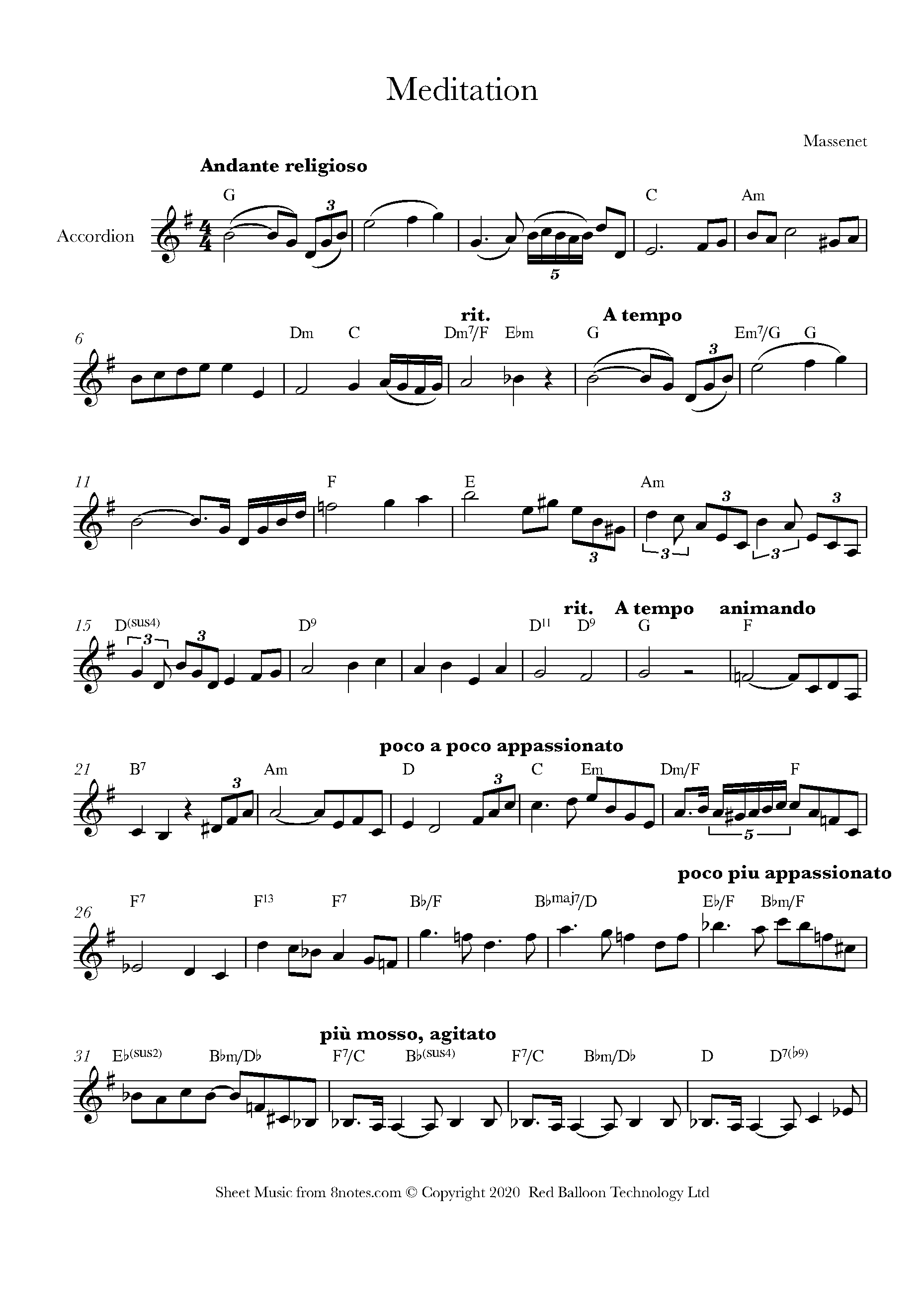 Massenet - Meditation from Thais Sheet music for Accordion - 8notes.com