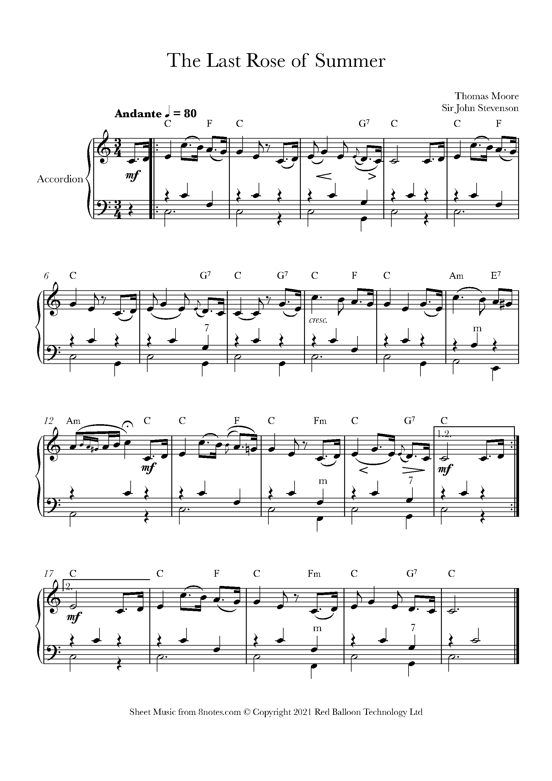 Moore - The Last Rose of Summer Sheet music for Accordion - 8notes.com