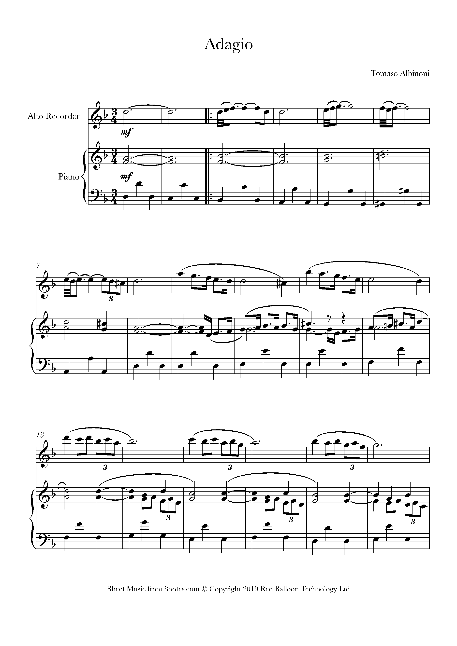 Albinoni - Adagio Sheet music for Alto Recorder - 8notes.com