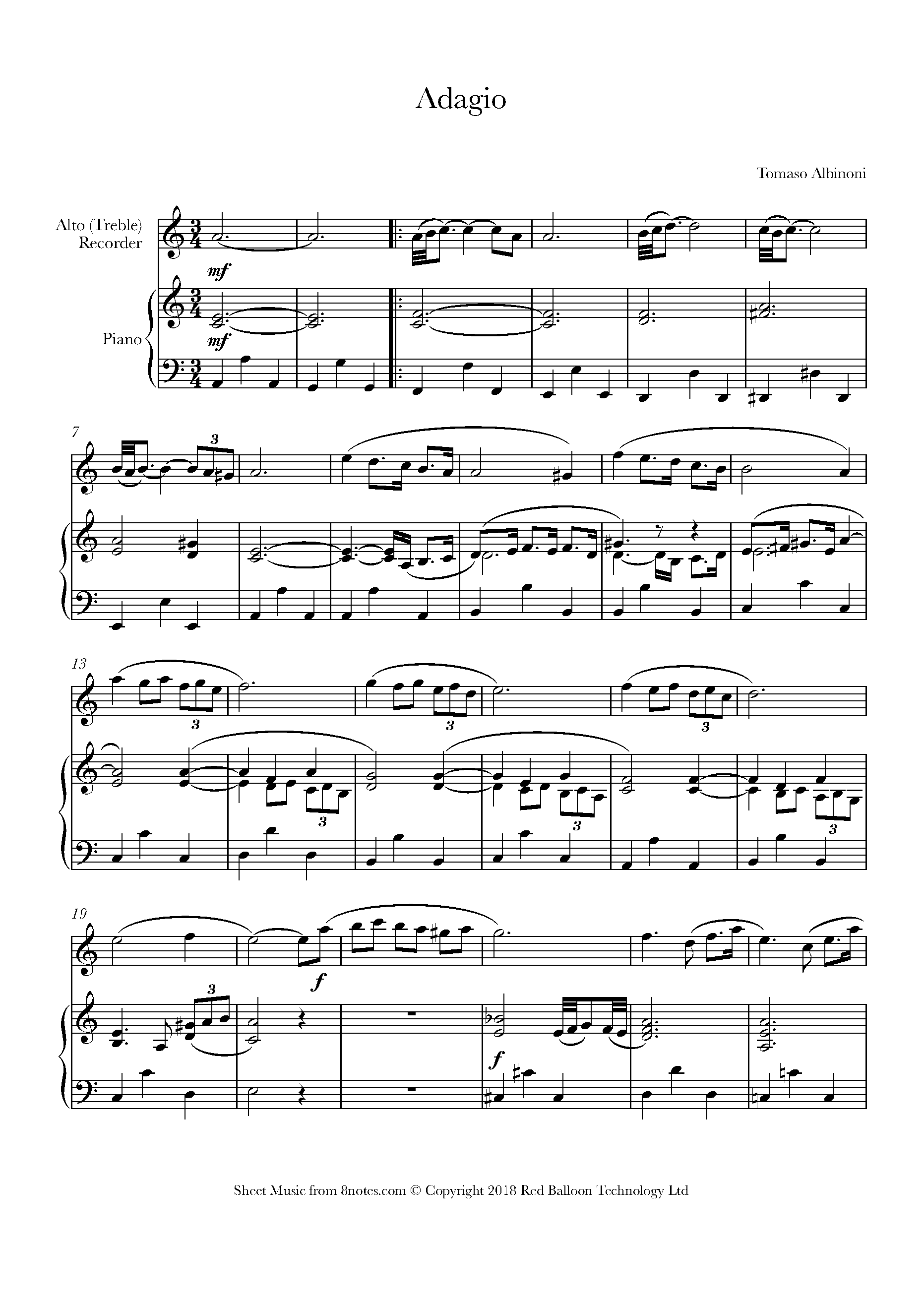 Albinoni - Adagio Sheet music for Alto Recorder - 8notes.com