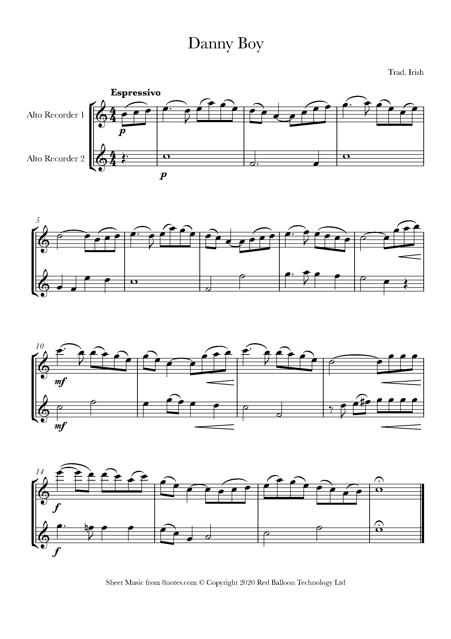 Danny Boy Sheet music for Alto Recorder Duet - 8notes.com