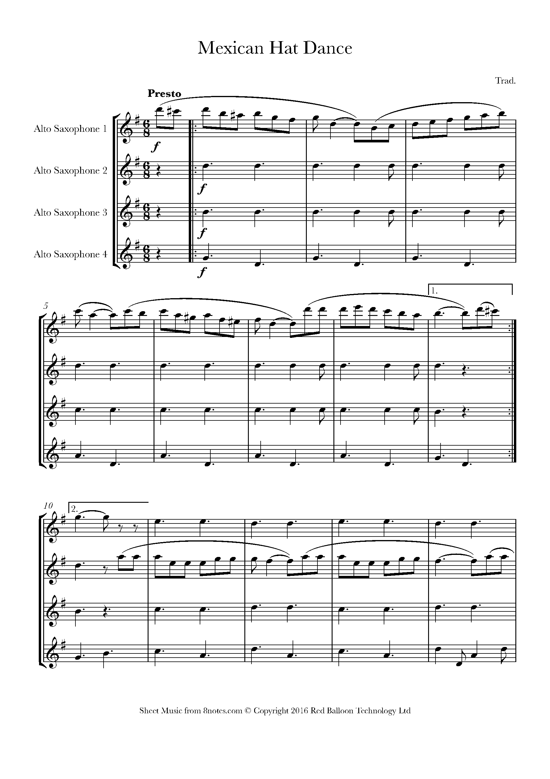 Mexican Hat Dance (Mexico) Sheet music for Alto Sax Quartet - 8notes.com