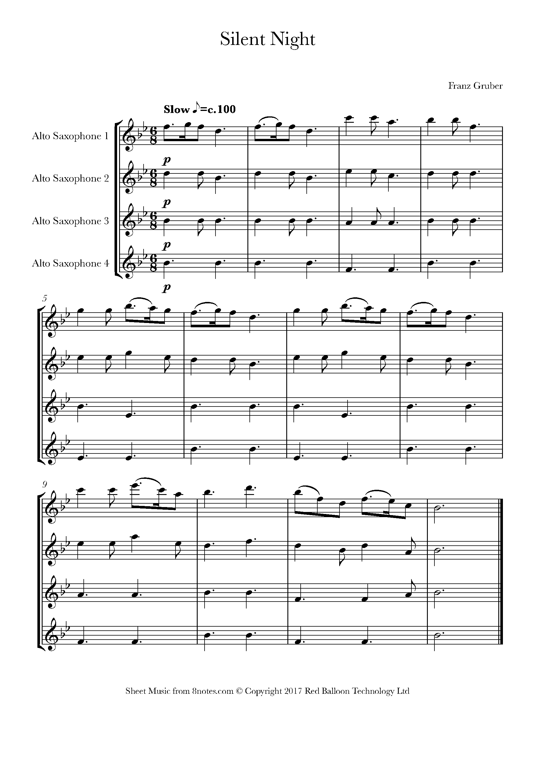 Silent Night Sheet music for Alto Sax Quartet - 8notes.com