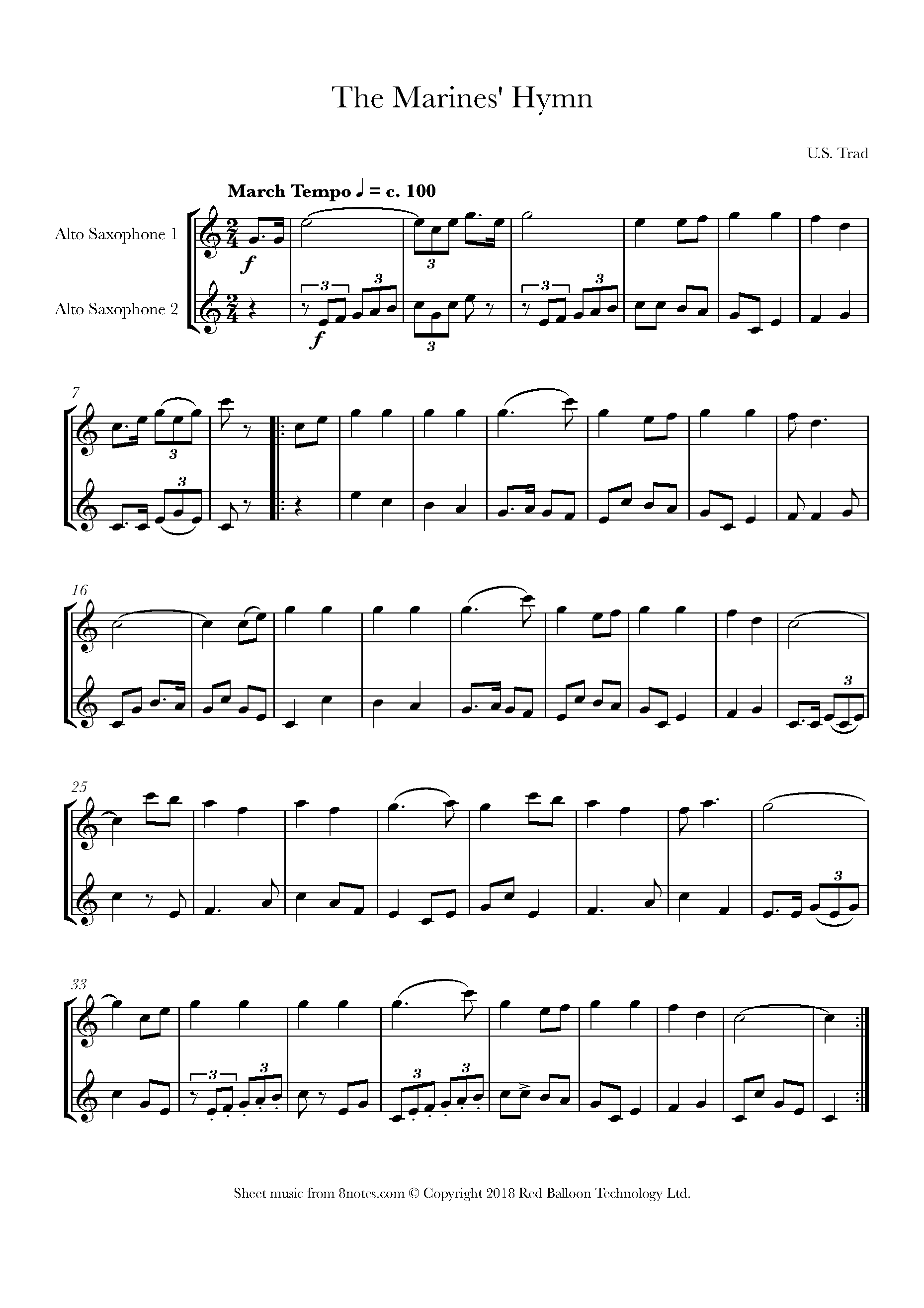 The Marines' Hymn Sheet music for Alto Saxophone Duet - 8notes.com