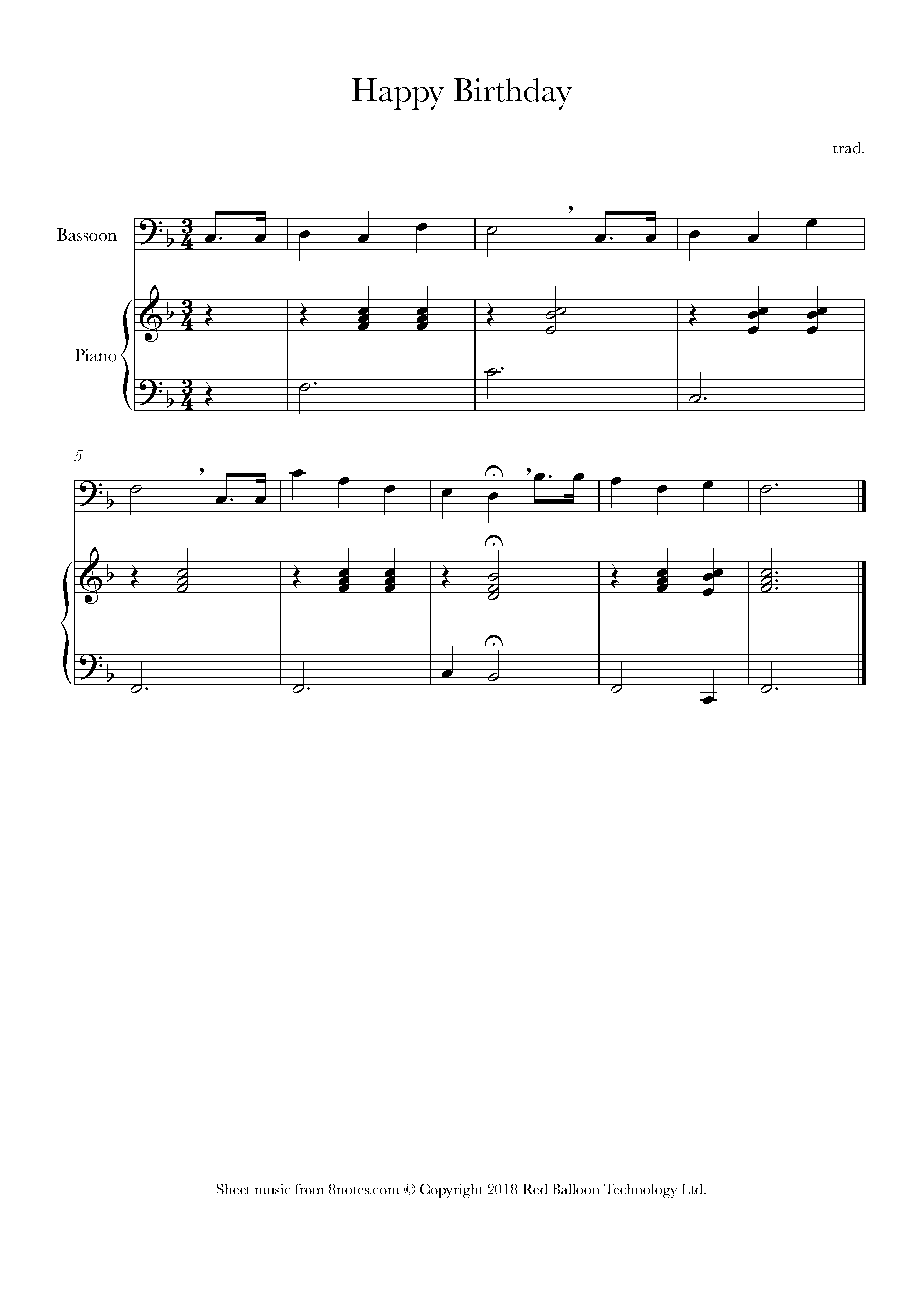 Happy Birthday Sheet music for Bassoon - 8notes.com